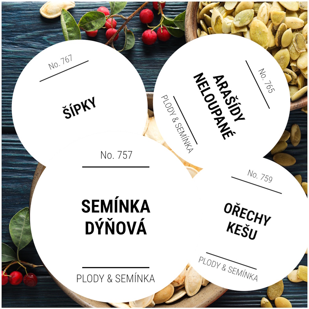etikety na potraviny kulaté bílé SPECIÁL PLODY & SEMÍNKA (12 ks)
