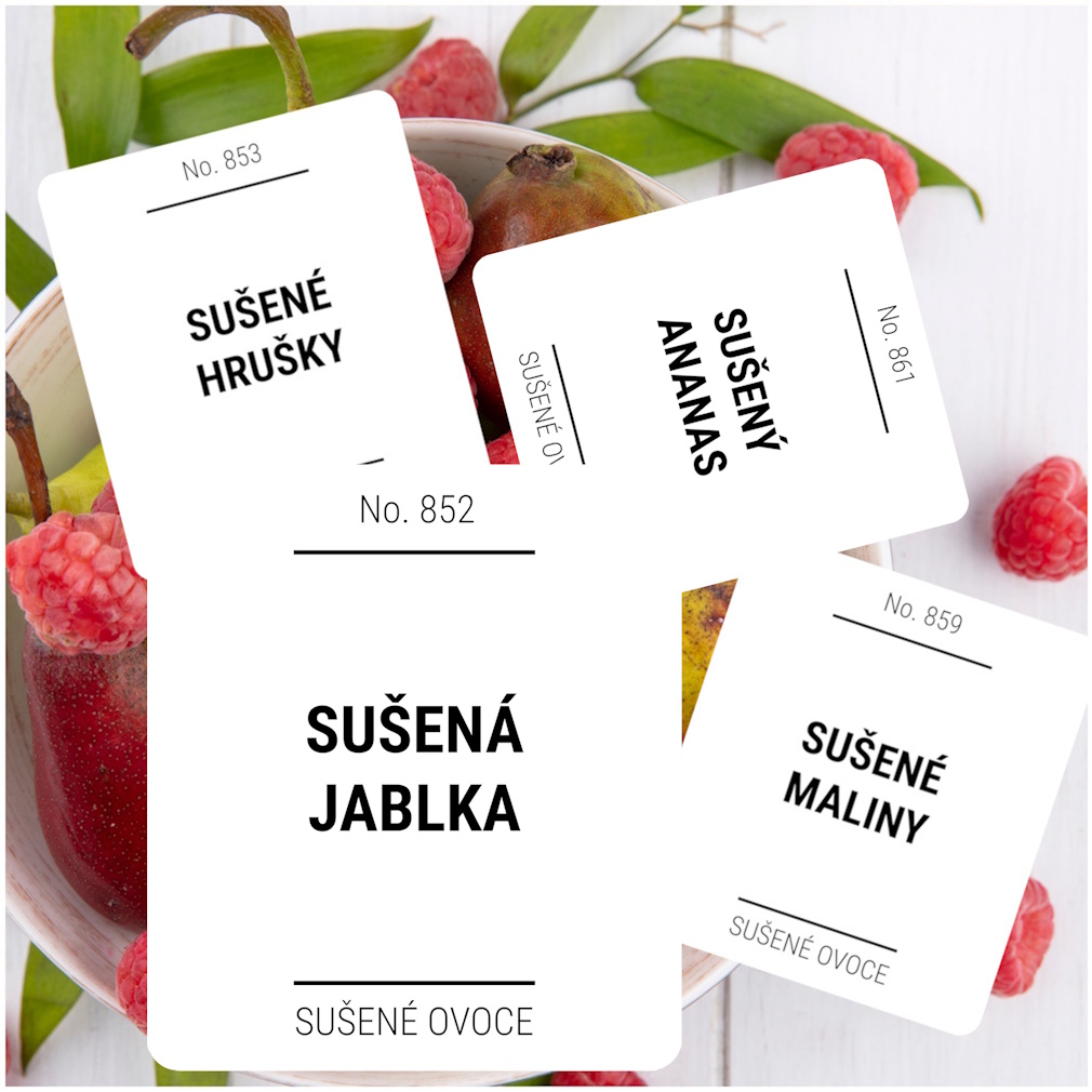 etikety na potraviny hranaté s kulatým rohem bílé SPECIÁL SUŠENÉ OVOCE (12 ks)