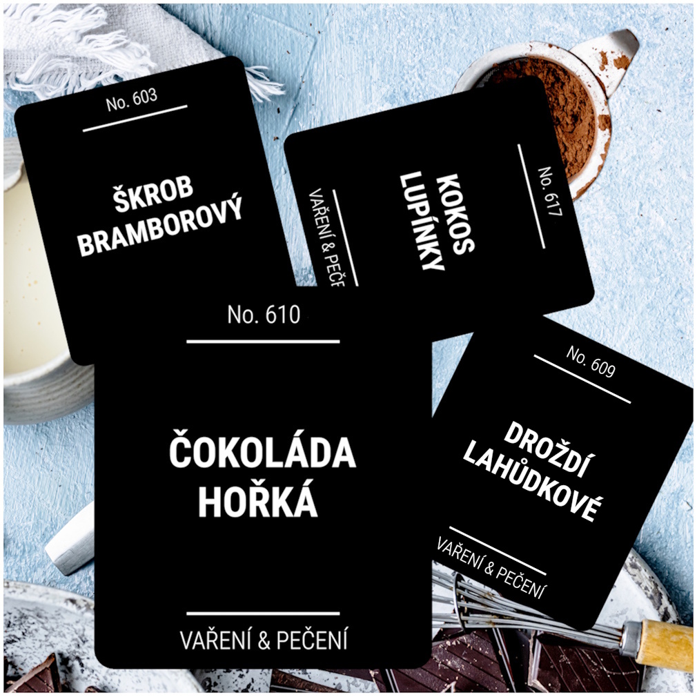 etikety na potraviny hranaté s kulatým rohem černé SPECIÁL PEČENÍ & VAŘENÍ (12 ks)