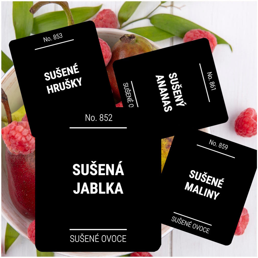 etikety na potraviny hranaté s kulatým rohem černé SPECIÁL SUŠENÉ OVOCE (12 ks)