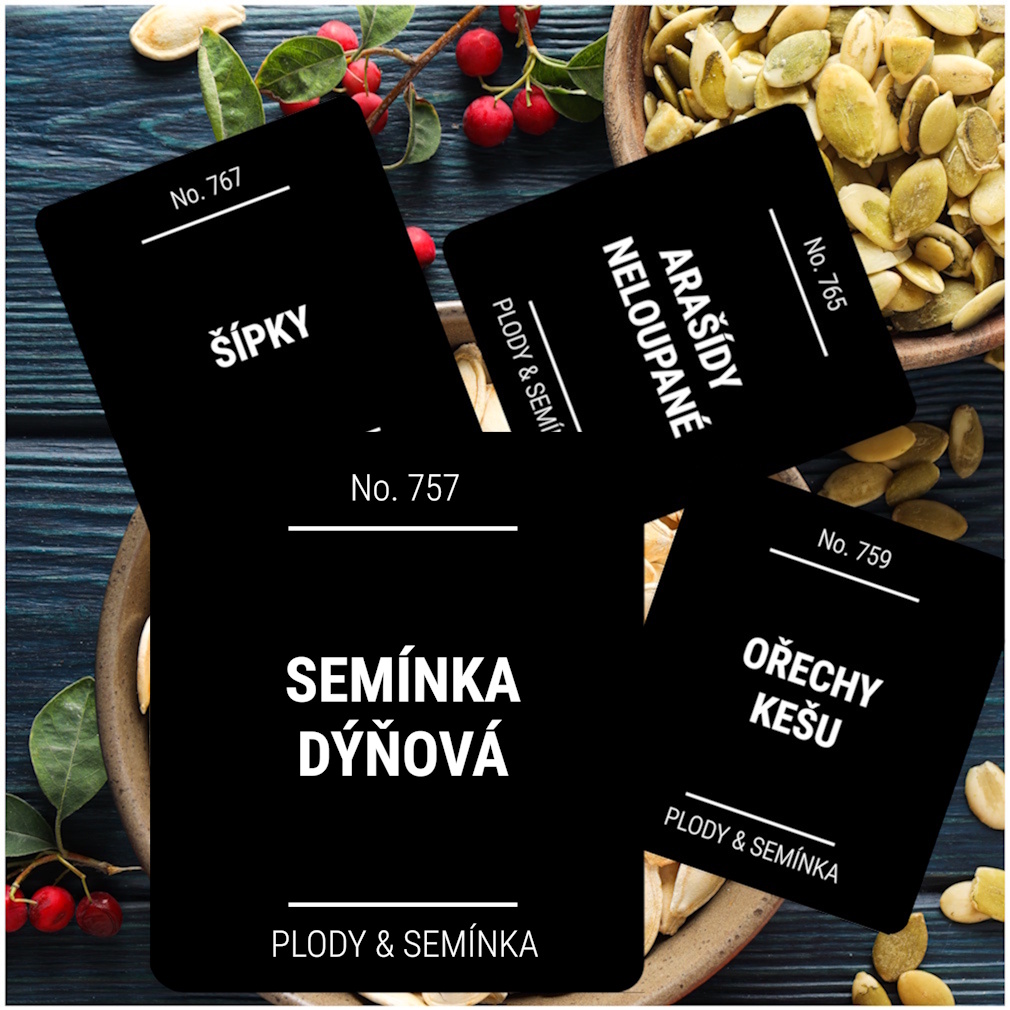 etikety na potraviny hranaté s kulatým rohem černé SPECIÁL PLODY & SEMÍNKA (12 ks)