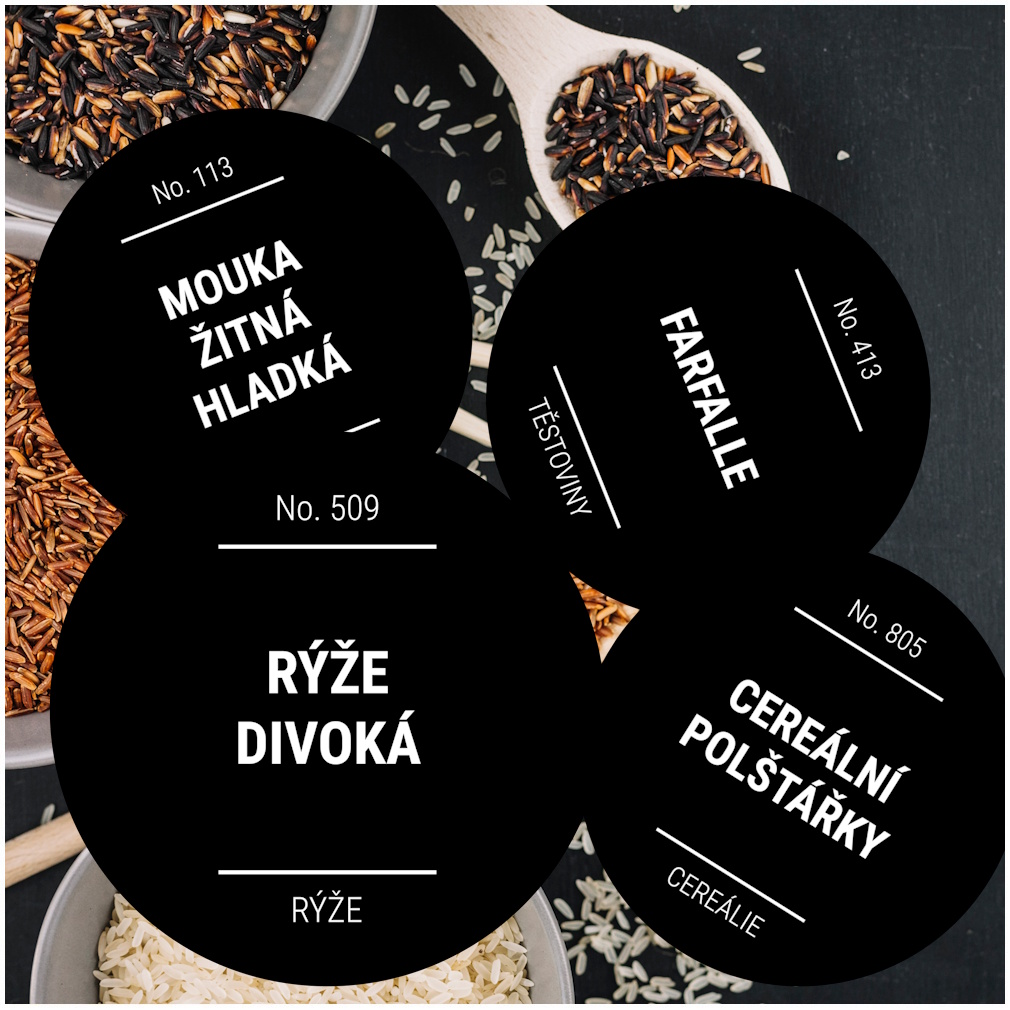 etikety na potraviny kulaté černé - sada C (36 ks)