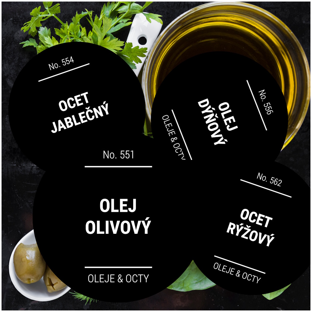 etikety na potraviny kulaté černé SPECIÁL OLEJE & OCTY (12 ks)