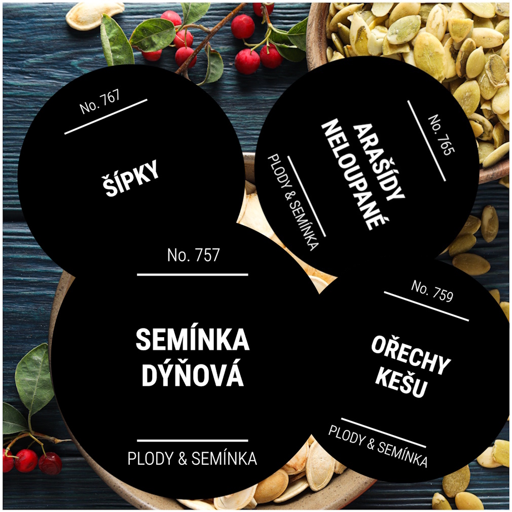 etikety na potraviny kulaté černé SPECIÁL PLODY & SEMÍNKA (12 ks)