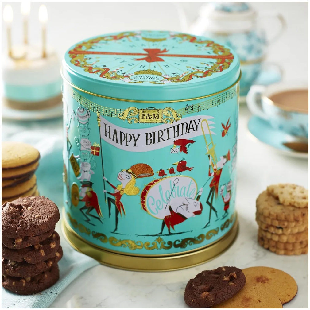 narozeninové sušenky v hudební plechovce HAPPY BIRTHDAY 475g od Fortnum & Mason