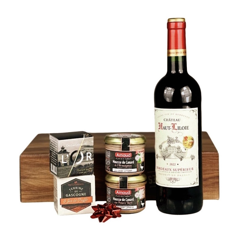 dárkový koš francouzských delikates s červeným vínem z BORDEAUX