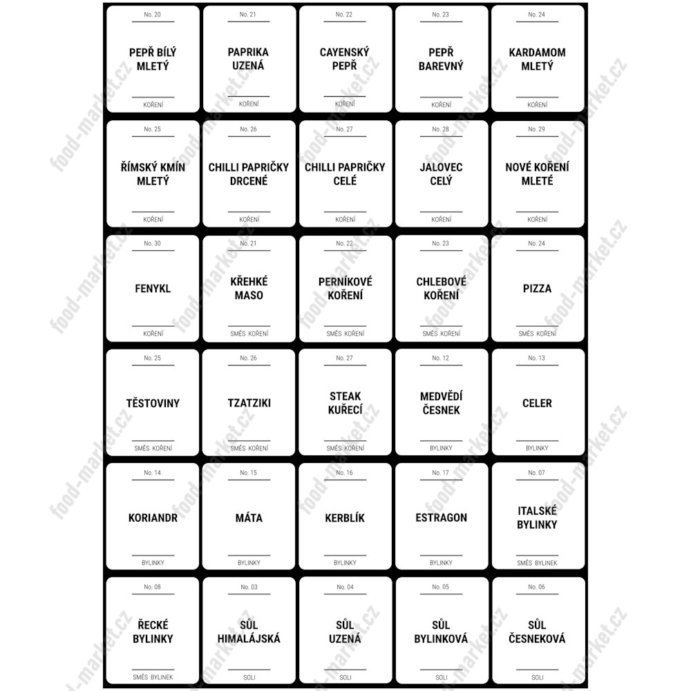 etikety na kořenky hranaté s kulatým rohem bílé - sada B (30 ks)